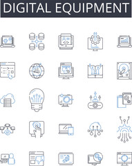 Digital equipment line icons collection. Smartph, Tablet, Laptop, Desktop, Smartwatch, Headphs, Earbuds vector and linear illustration. Speaker,Television,Remote outline signs set
