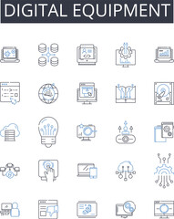 Fototapeta premium Digital equipment line icons collection. Smartph, Tablet, Laptop, Desktop, Smartwatch, Headphs, Earbuds vector and linear illustration. Speaker,Television,Remote outline signs set