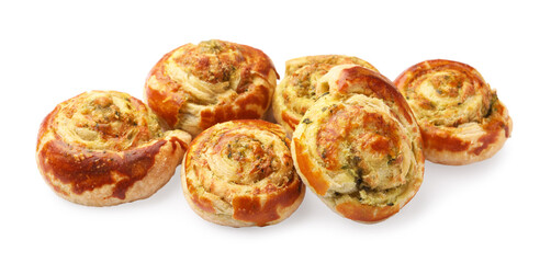 Fresh delicious puff pastry with tasty filling on white background