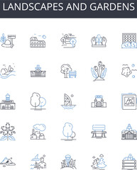 Landscapes and gardens line icons collection. Techniques, Methods, Plans, Approaches, Habits, Tactics, Systems vector and linear illustration. Styles,Tools,Tips outline signs set