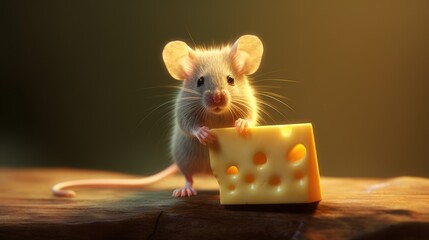 Fototapeta premium A tiny mouse nibbling on a bit of cheese. AI generated