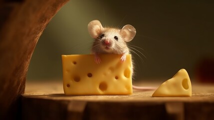 A tiny mouse nibbling on a bit of cheese. AI generated
