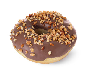Tasty glazed donut decorated with nuts isolated on white