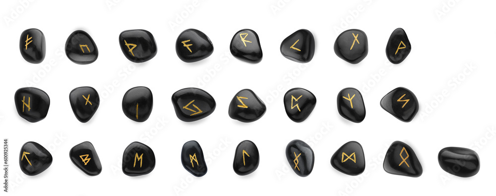 Wall mural set of black stone runes on white background. divination tool