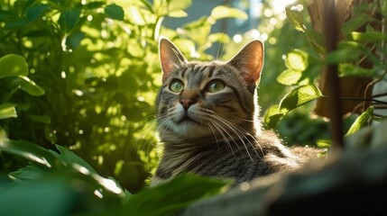 Naklejka na ściany i meble A watchful cat keeping an eye on the backyard. AI generated