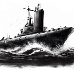 Fototapeta premium Ship in the sea submarine drawing charcoal and pencil realistic style. Generative AI