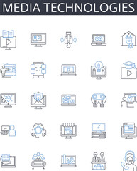 Media technologies line icons collection. Strategy, Analytics, Engagement, Optimization, Content, Planning, Advertising vector and linear illustration. Monitoring,Schedule,Growth outline signs set