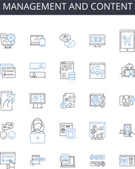 Management and content line icons collection. Shopping, Merchandise, Sales, Displays, Accessories, Convenience, Discounts vector and linear illustration. Quality,Branding,Marketing outline signs set