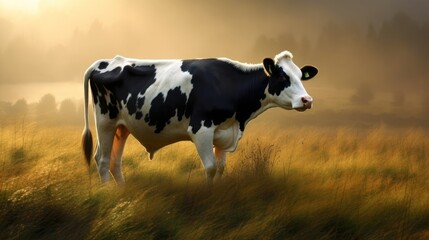 A white and black-spotted cow grazing on a field. AI generated - obrazy, fototapety, plakaty