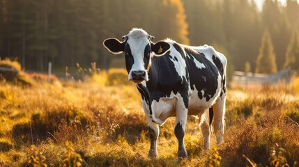 A white and black-spotted cow grazing on a field. AI generated