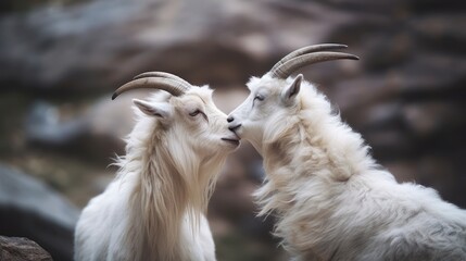 A white goat playfully head-butting its sibling. AI generated