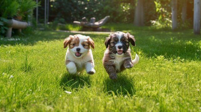 Two playful puppies chasing each other around a gras. AI generated