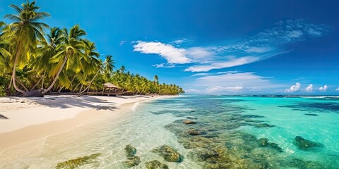 Obraz premium Beautiful stunning beach summer concept with chair white sand and blue skies. Generative AI