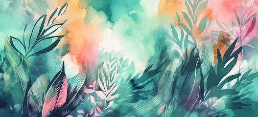 Fototapeta na wymiar watercolor style illustration abstract background of colorful tropical leaves flora, Generative Ai