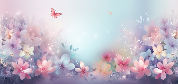 illustration banner background of spring flower garden in soft and sweet tone color, generative Ai