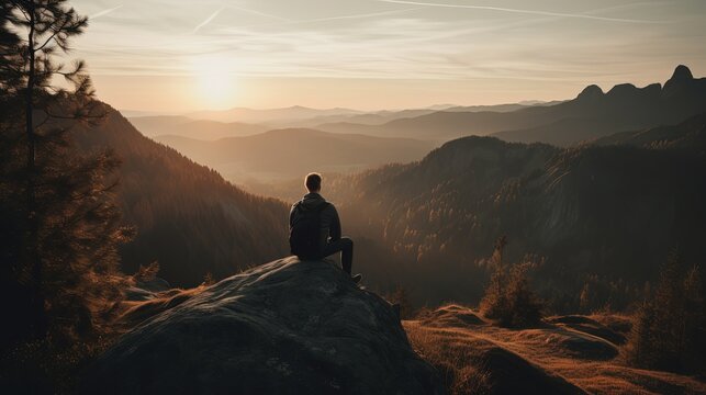 self-challenge concept background, a man sitting on top mountain peak at sunrise time, Generative Ai