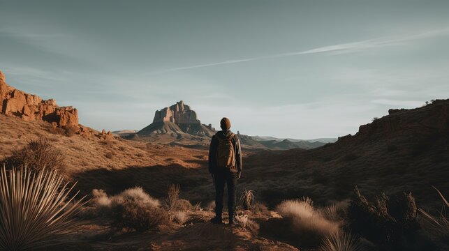 self-challenge concept background, a man standing in front of desert waste land, Generative Ai