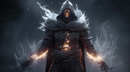 Obraz premium image generated by artificial intelligence, character design, void arcanist, mist, photorealistic, octane render, unreal engine, hyper detailed, volumetric lighting