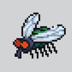 pixel art Fly. House Fly insect pixelated design for logo, web,
mobile app, badges and patches. Video game sprite. 8-bit. Isolated vector illustration.