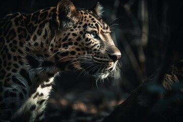 Fototapeta na wymiar Beautiful leopard. Background with selective focus and copy space. AI generated, human enhanced