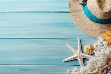 Beach accessories on wooden board, summer holiday banner. AI generated, human enhanced.