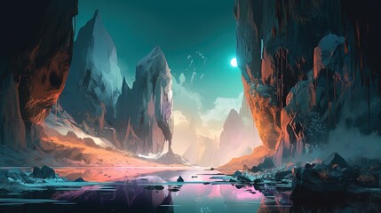 illustration of  winter frozen ice cliff mountain passage, idea for fantasy background, Generative Ai