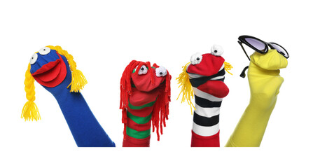 Many colorful sock puppets on white background, collage design
