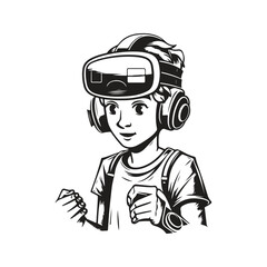 boy playing game, vintage logo line art concept black and white color, hand drawn illustration