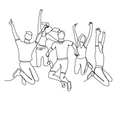 Single line drawing of jumping people, men and women. Linear hand drawn doodle on white background