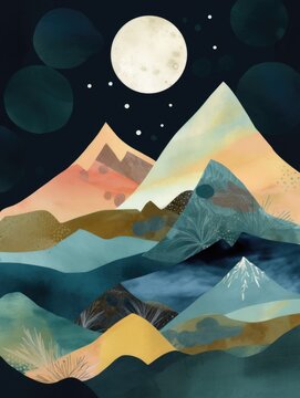 Vintage style Minimalist Boho night Landscape, with Mountains, Moon, Clouds, Trees, Road. Generative AI. Art Print Poster. Abstract Printable Poster