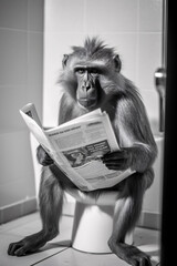baboo sitting on the toilet reading a newspaper , black and white photo