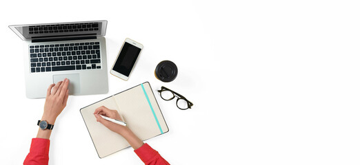 Woman using modern laptop on white background, top view. Banner design with space for text