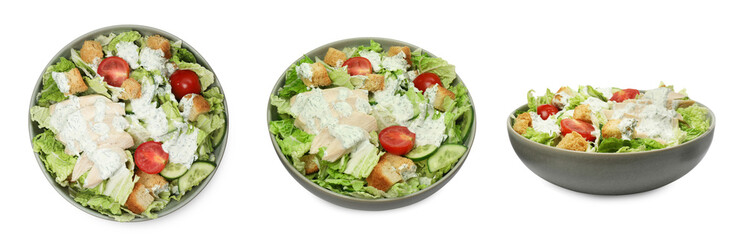 Bowl of tasty salad with Chinese cabbage, cucumber, meat and tomatoes on white background, different sides. Collage design