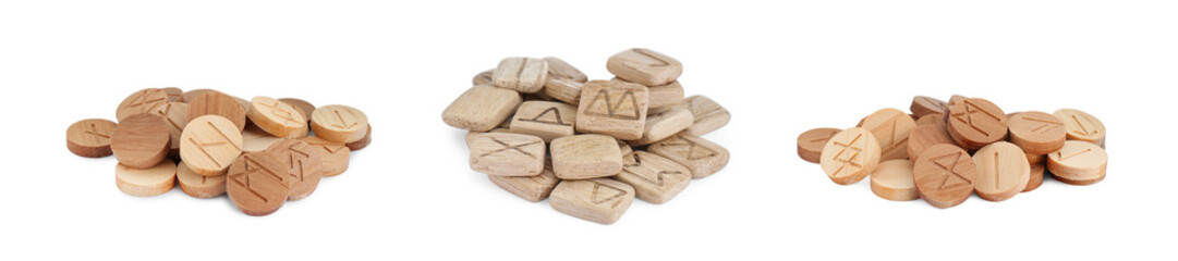 Collage with sets of wooden runes on white background. Divination tool