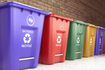 Plastic garbage bins with waste type label and recycle logo are the best for waste sorting systems. Separate garbage collection plastic, paper, glass, organic, e-waste, batteries, metal, toxic, other