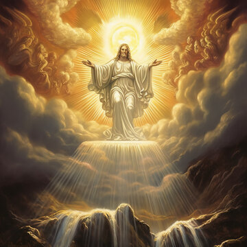 Jesus surrounded by golden light. God, being of light. Digital illustration.