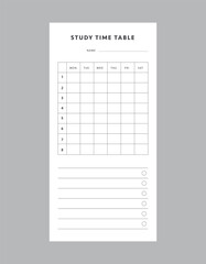 Study time table planner. 