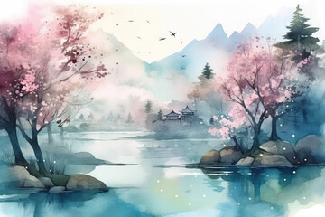 Japanese landscape in watercolor with a fairy sakura garden and blue lake feel, generative AI