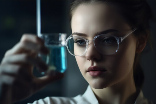 Portrait of female scientist analyzing a liquid in test tubes in a pharmaceutical laboratory. Generative AI