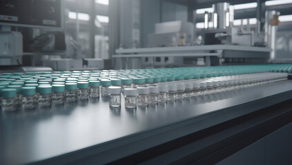 Medical Ampoule Production Line at Modern Pharmaceutical Factory. Glass Ampoules are being Filled. Medication Manufacturing Process. Generative AI