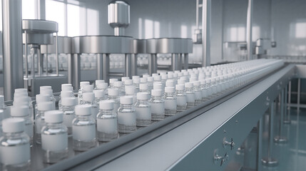 Medical Ampoule Production Line at Modern Pharmaceutical Factory. Glass Ampoules are being Filled. Medication Manufacturing Process. Generative AI