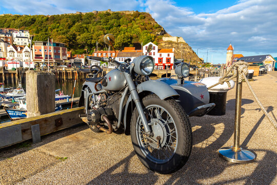 Old Retro Motorcycle with sidecar in Scarborough, Yorkshire, UK