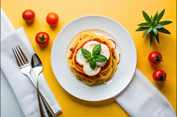 top view of spaghetti carnonara on a white plate with a yellow background and side props such as tomatoes, saucers and forks, cloth, tissues and green leaves