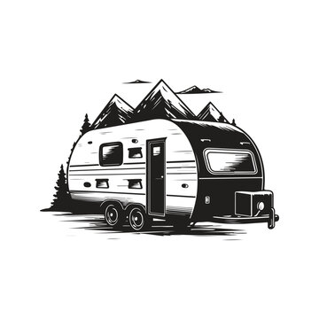 camp trailer, vintage logo line art concept black and white color, hand drawn illustration