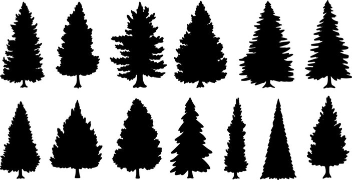 Christmas trees collection, black silhouette isolated on white background set, winter Holiday Symbols. Vector flat illustration