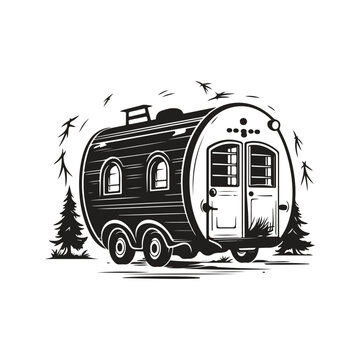 camp trailer, vintage logo line art concept black and white color, hand drawn illustration