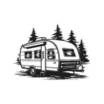 recommend clip art: camp trailer, vintage logo line art concept black and white color, hand drawn illustration