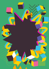 Abstract explosion geometric shapes background. Simple busy vibrant colors geometrical graphic art poster. Vintage random geometry template.