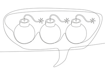 One continuous line of speech bubble with Bomb. Thin Line Illustration vector concept. Contour Drawing Creative ideas.