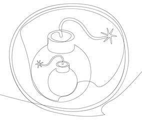 One continuous line of speech bubble with Bomb. Thin Line Illustration vector concept. Contour Drawing Creative ideas.